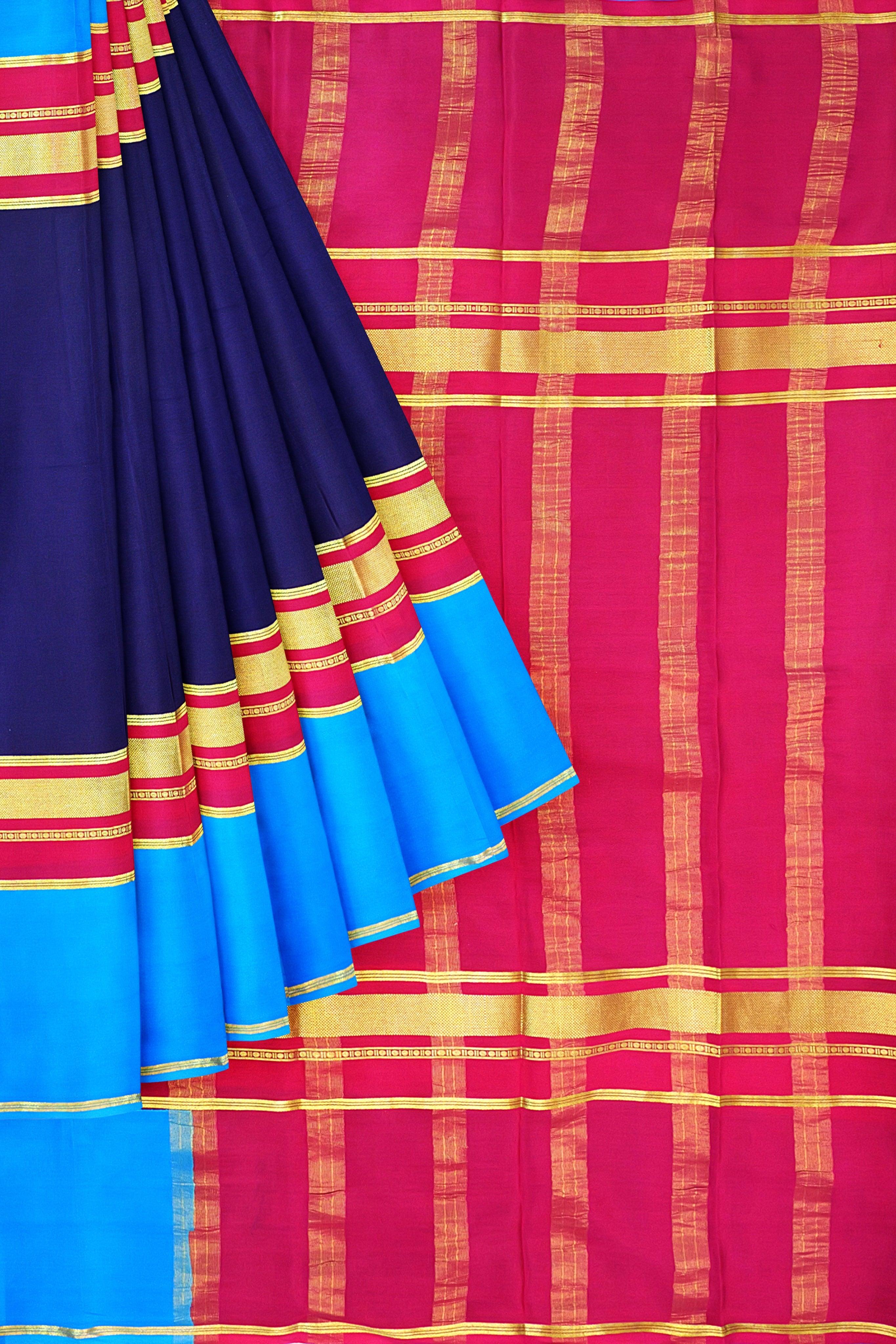 Navy Blue Pure Mysore Crepe Silk Saree SILK MARK CERTIFIED ATHARVA