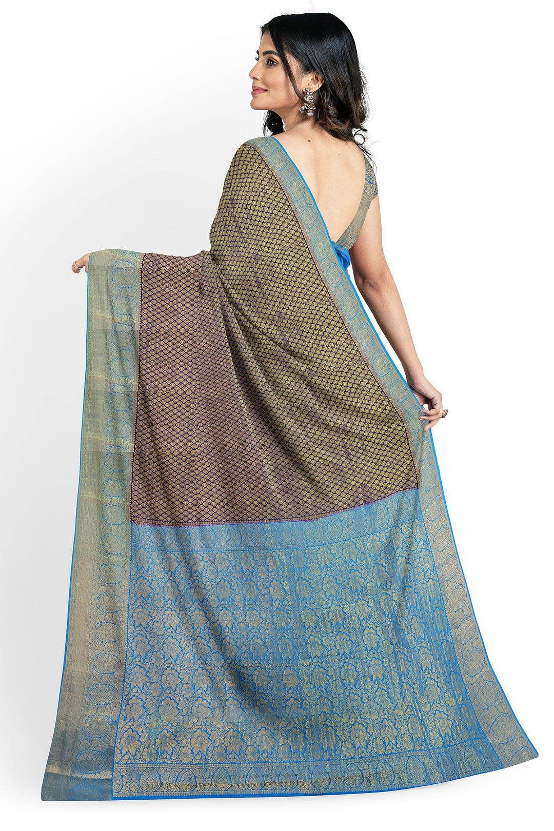 Navy Blue Pure Mysore Crepe Silk Saree in Brocade | SILK MARK CERTIFIED