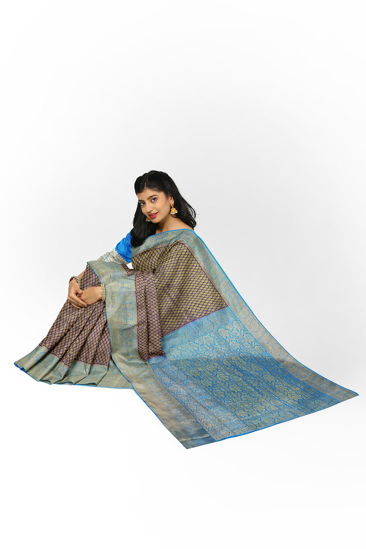 Navy Blue Pure Mysore Crepe Silk Saree in Brocade | SILK MARK CERTIFIED