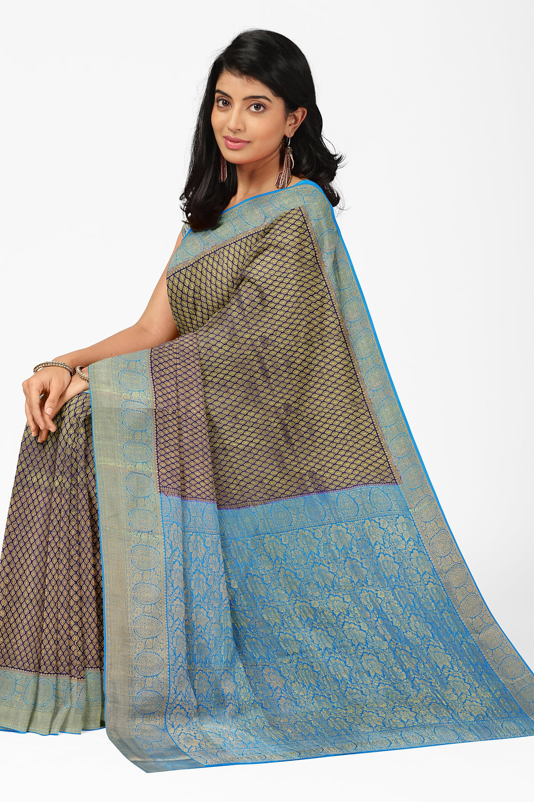 Navy Blue Pure Mysore Crepe Silk Saree in Brocade | SILK MARK CERTIFIED