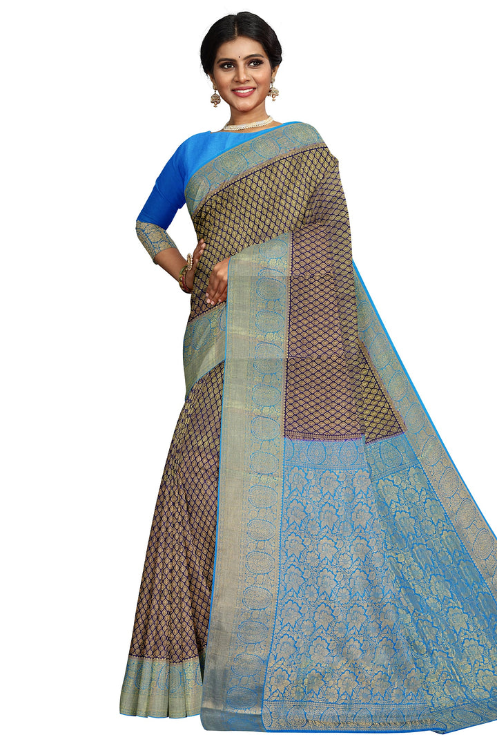 Navy Blue Pure Mysore Crepe Silk Saree in Brocade | SILK MARK CERTIFIED