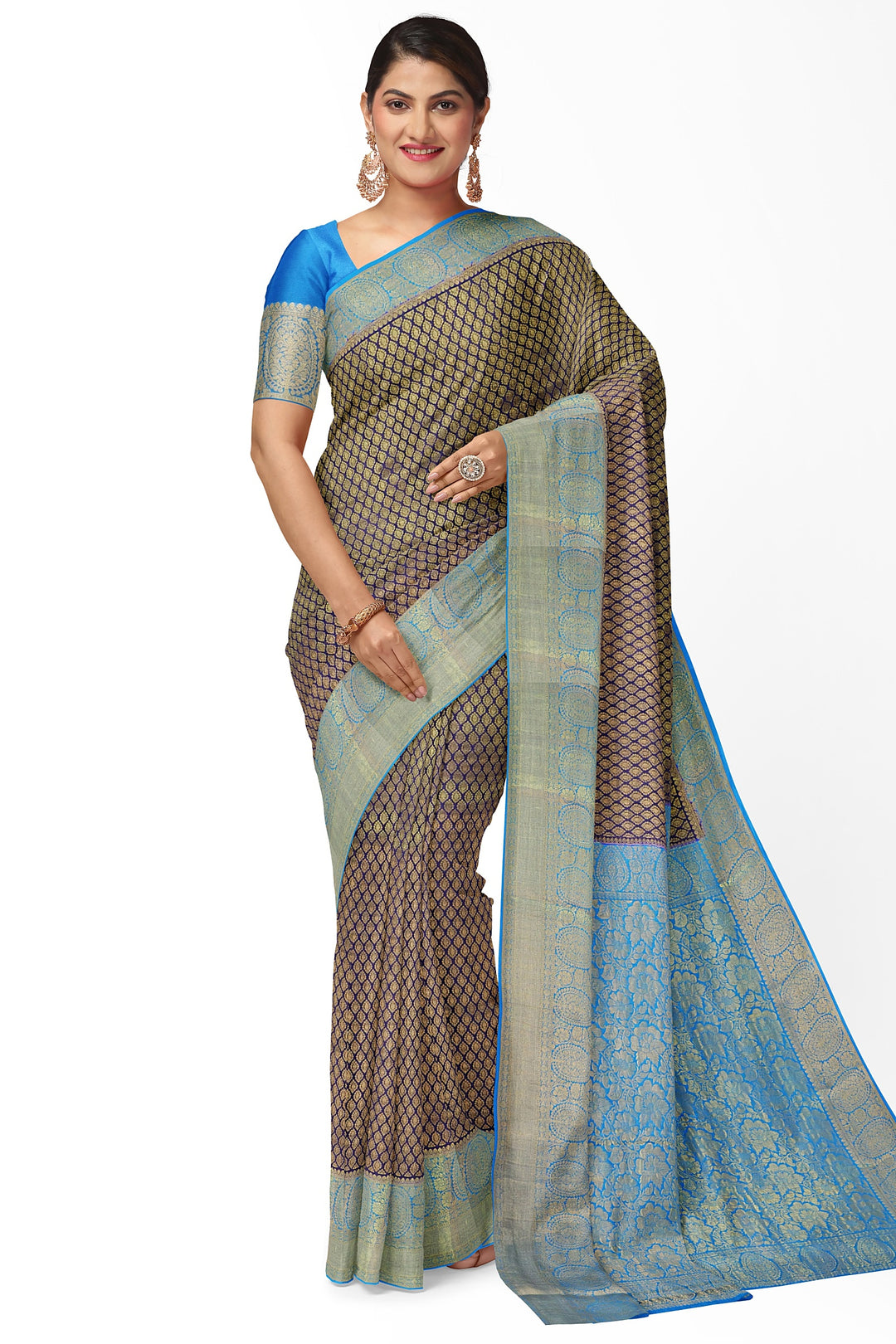 Navy Blue Pure Mysore Crepe Silk Saree in Brocade | SILK MARK CERTIFIED