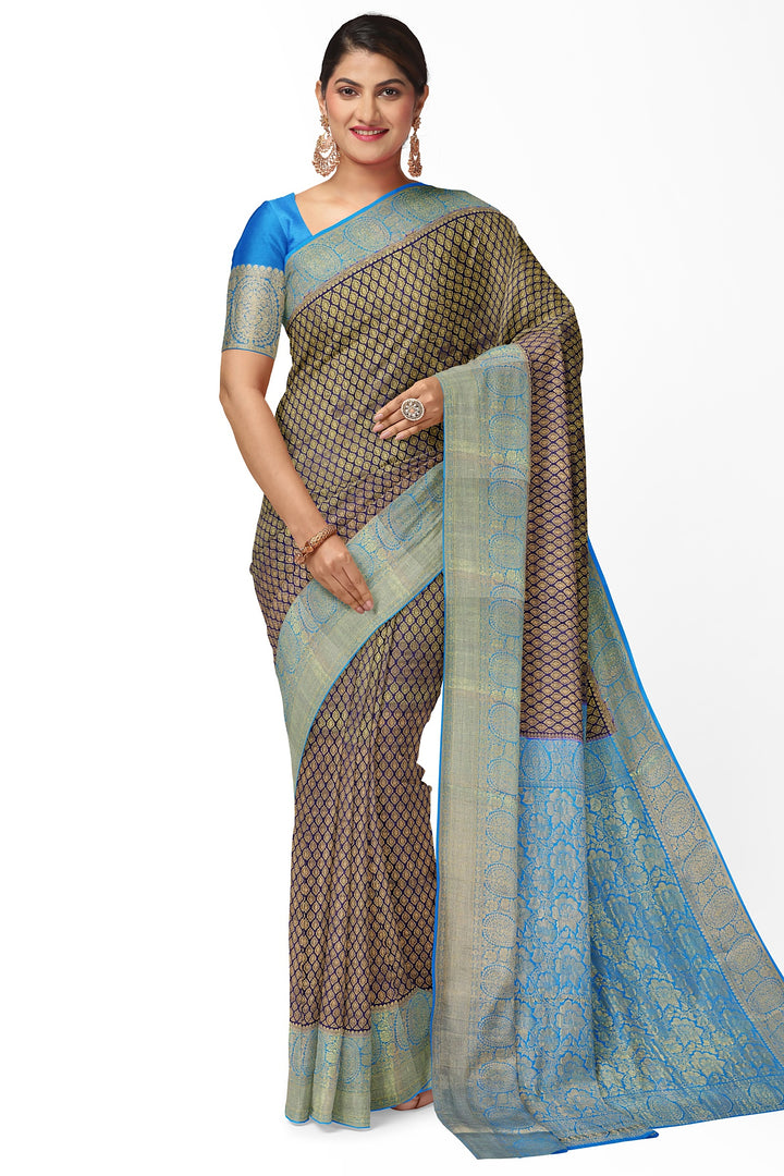 Navy Blue Pure Mysore Crepe Silk Saree in Brocade | SILK MARK CERTIFIED