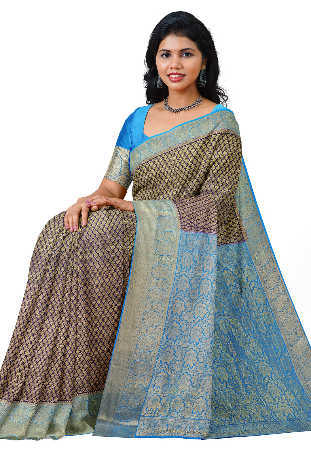 Navy Blue Pure Mysore Crepe Silk Saree in Brocade | SILK MARK CERTIFIED