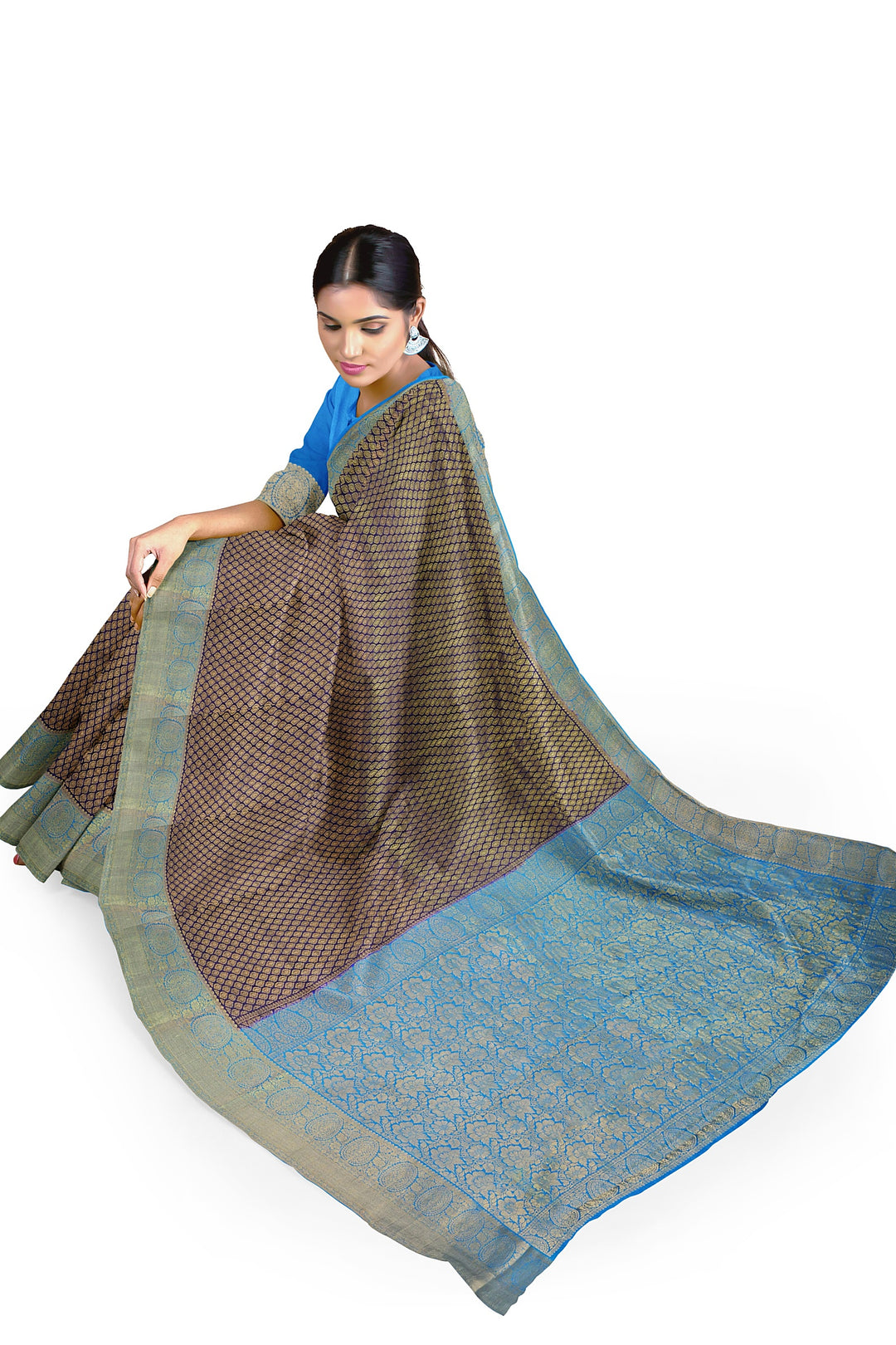 Navy Blue Pure Mysore Crepe Silk Saree in Brocade | SILK MARK CERTIFIED