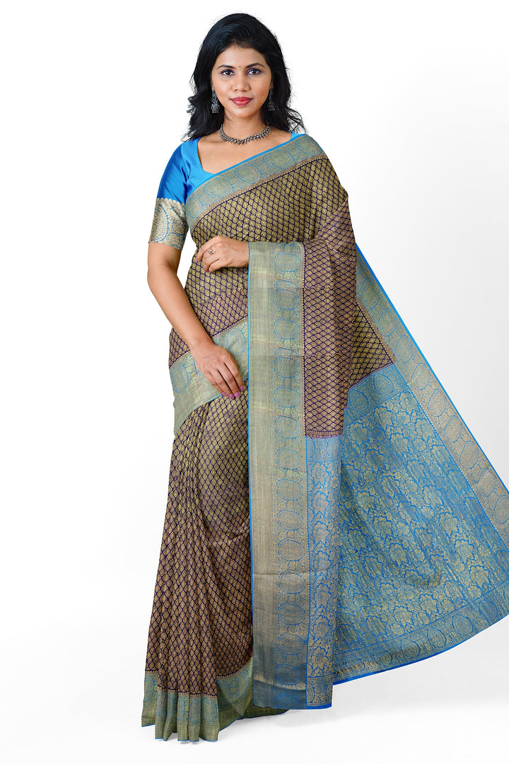 Navy Blue Pure Mysore Crepe Silk Saree in Brocade | SILK MARK CERTIFIED