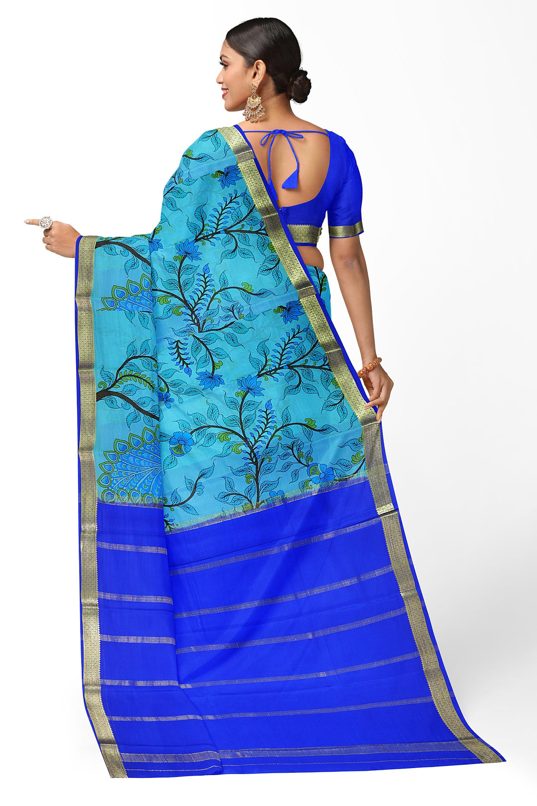 Blue Kalamkari Print Pure Mysore Crepe Silk Saree | SILK MARK CERTIFIED