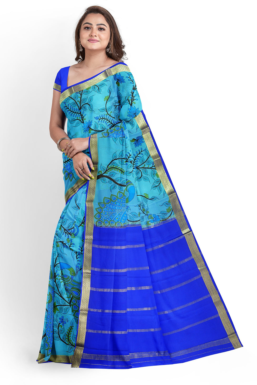 Blue Kalamkari Print Pure Mysore Crepe Silk Saree | SILK MARK CERTIFIED