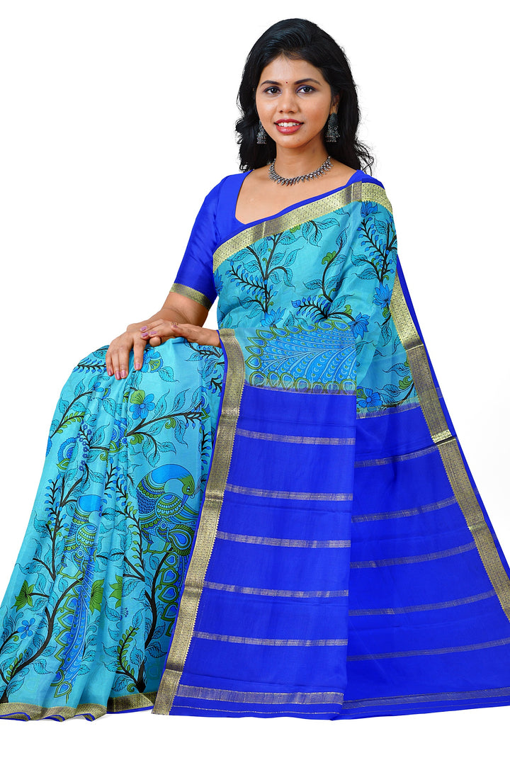 Blue Kalamkari Print Pure Mysore Crepe Silk Saree | SILK MARK CERTIFIED