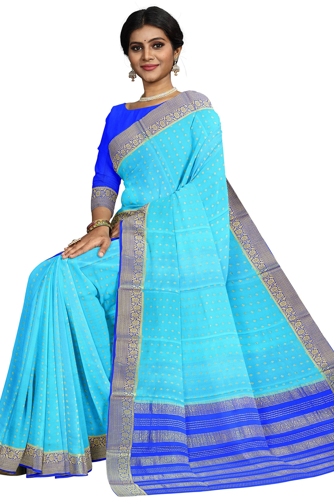 Blue Butta Pure Mysore Crepe Silk Saree | SILK MARK CERTIFIED