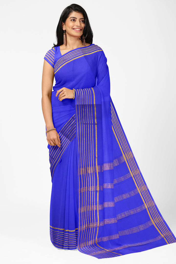 Blue Pure Mysore Crepe Silk Saree | SILK MARK CERTIFIED