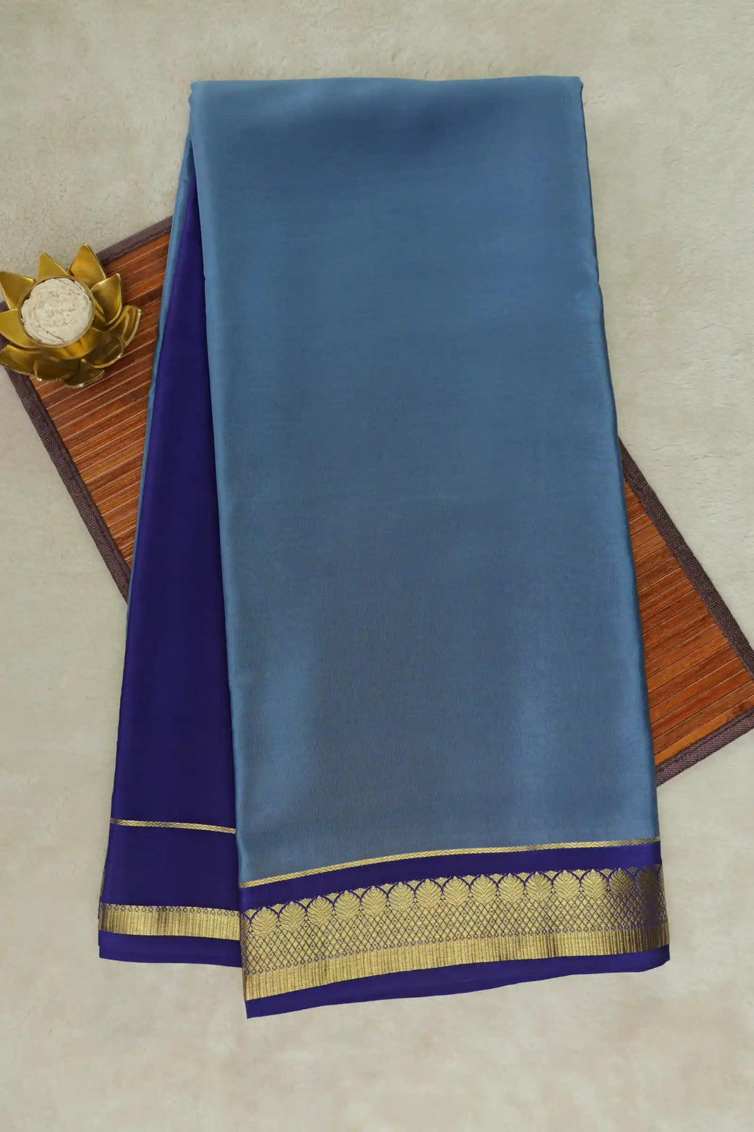  Blue Mysore Silk Saree with Navy Blue Border and Gold Zari Lace
