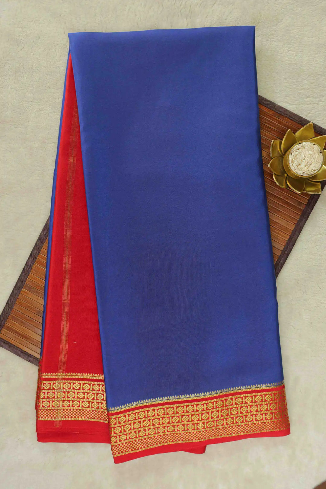 Blue Mysore Silk Saree with Red Border and Gold Zari Design