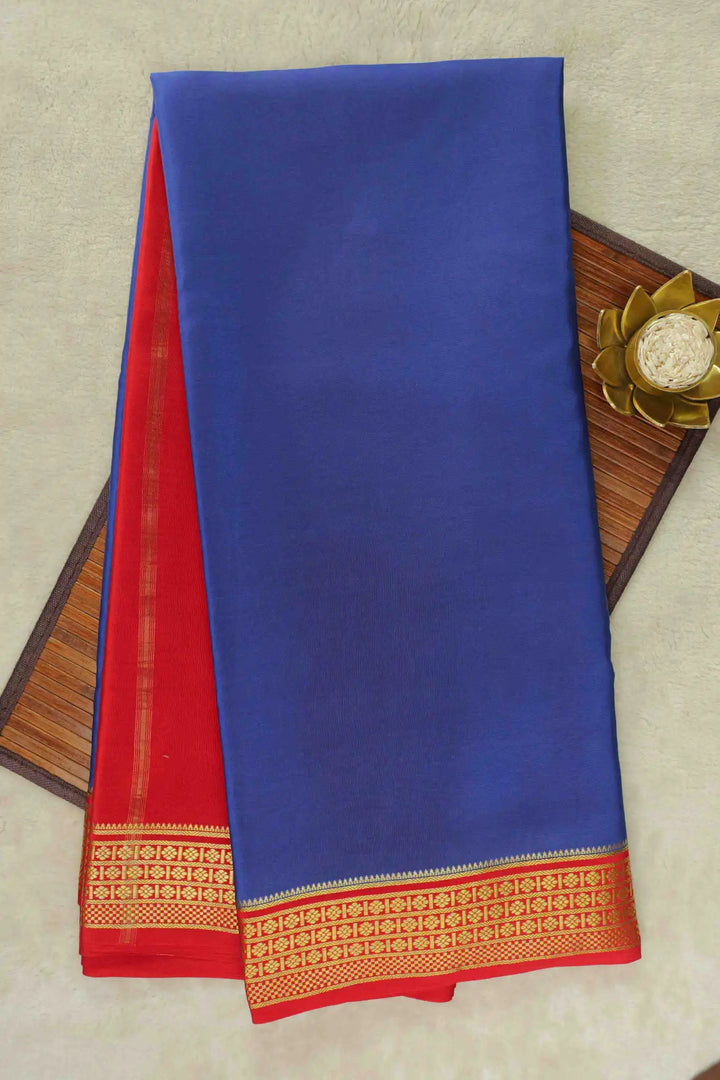 Blue Mysore Silk Saree with Red Border and Gold Zari Design