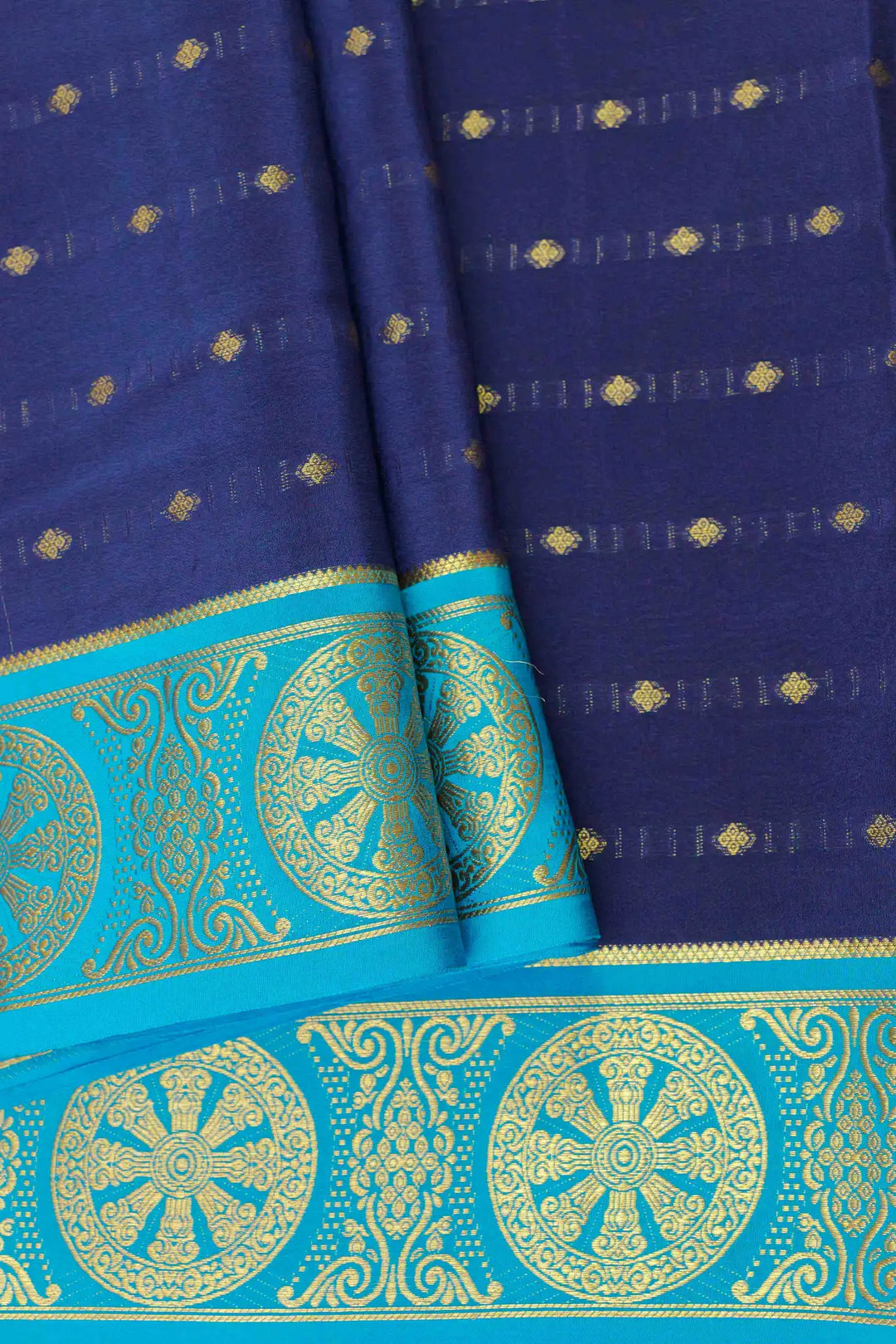Blue Mysore Silk Saree with gold motifs and a contrasting sky blue border