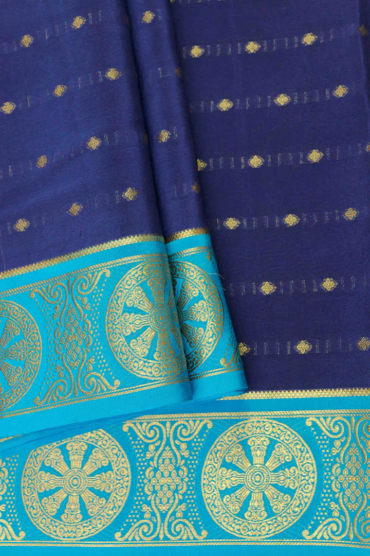 Blue Mysore Silk Saree with gold motifs and a contrasting sky blue border