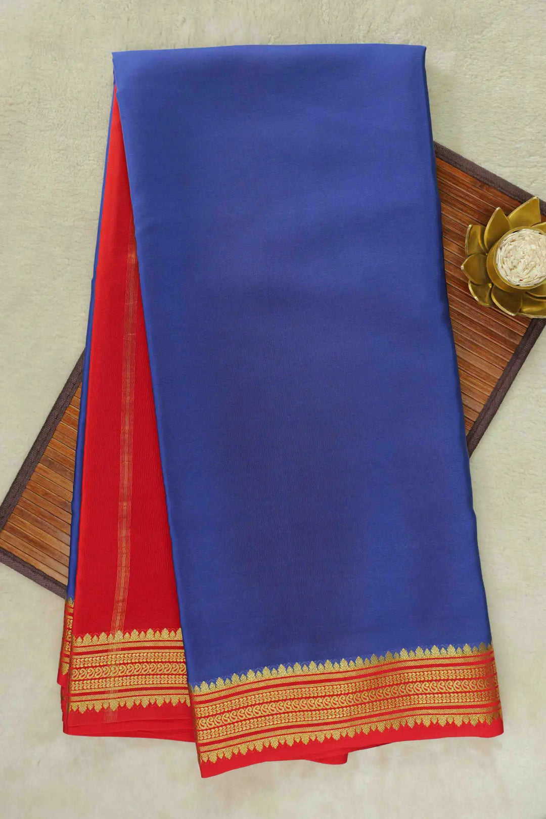 Blue Mysore Silk Saree with red pallu, gold zari border