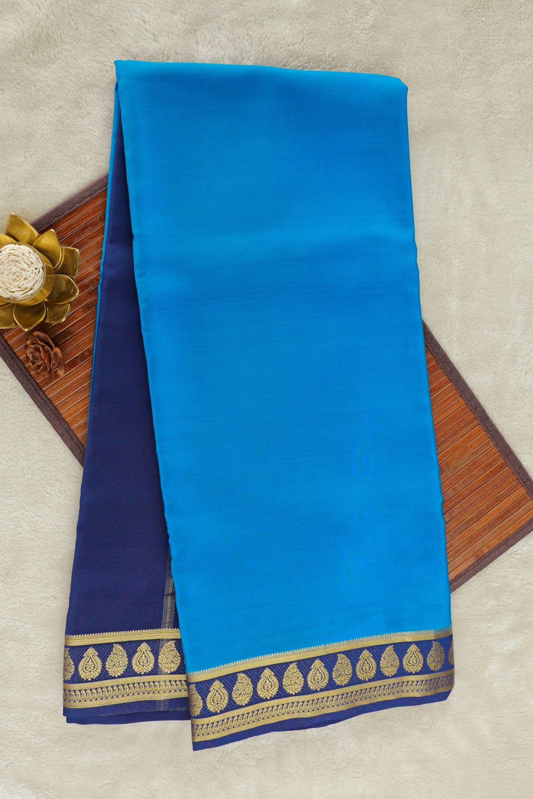Blue Mysore silk saree with gold zari border