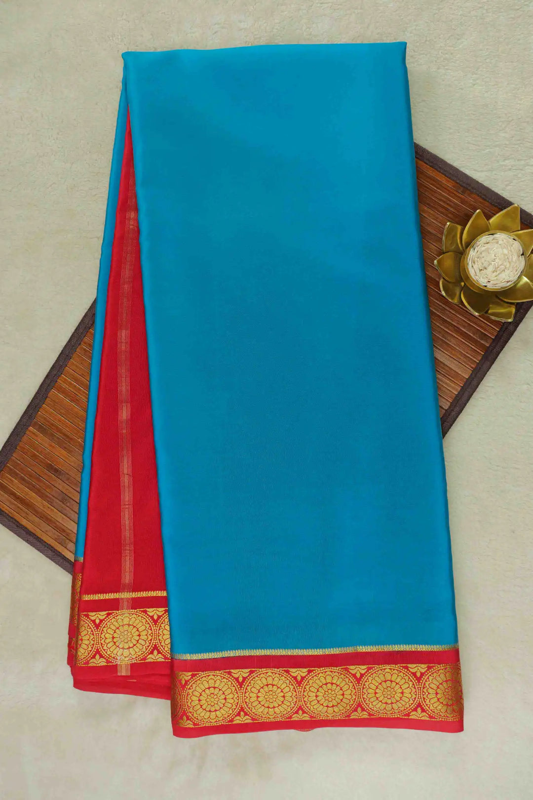 Blue Mysore silk saree with red and gold border