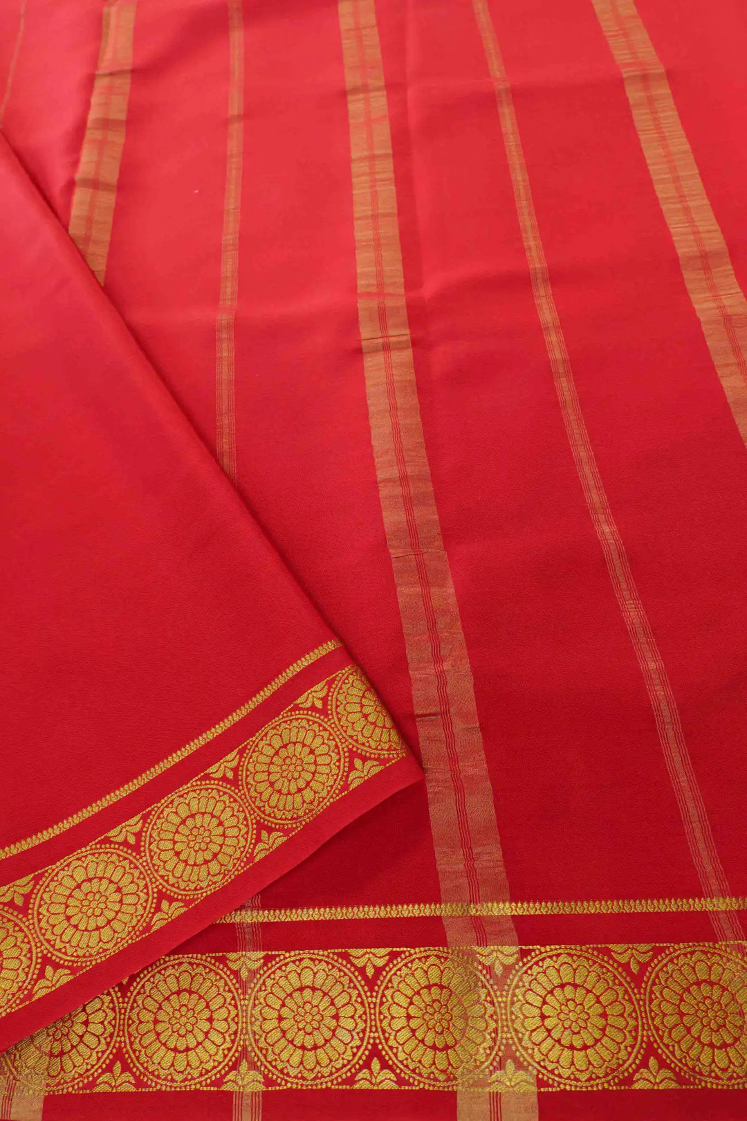 Blue Mysore silk saree with red pallu