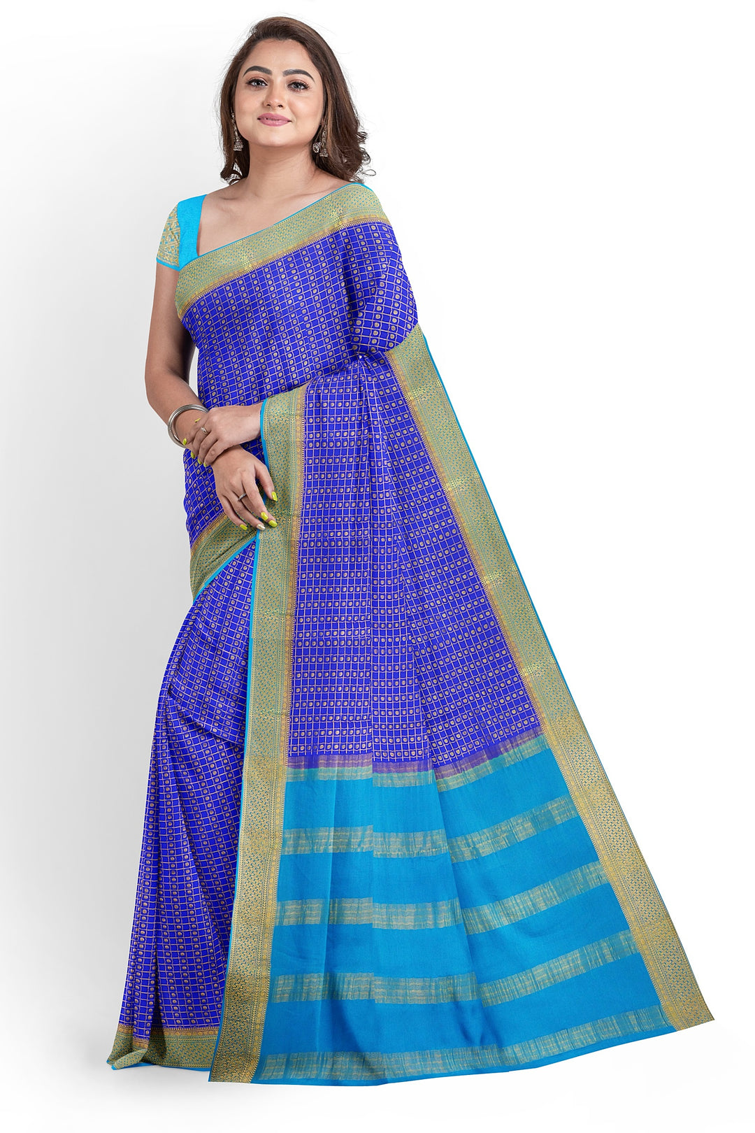 Blue Pure Mysore Crepe Silk Saree | SILK MARK CERTIFIED
