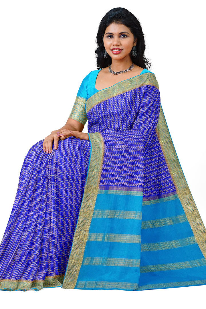 Blue Pure Mysore Crepe Silk Saree | SILK MARK CERTIFIED