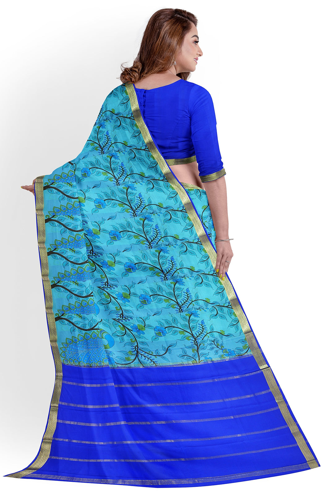 Blue Kalamkari Print Pure Mysore Crepe Silk Saree | SILK MARK CERTIFIED