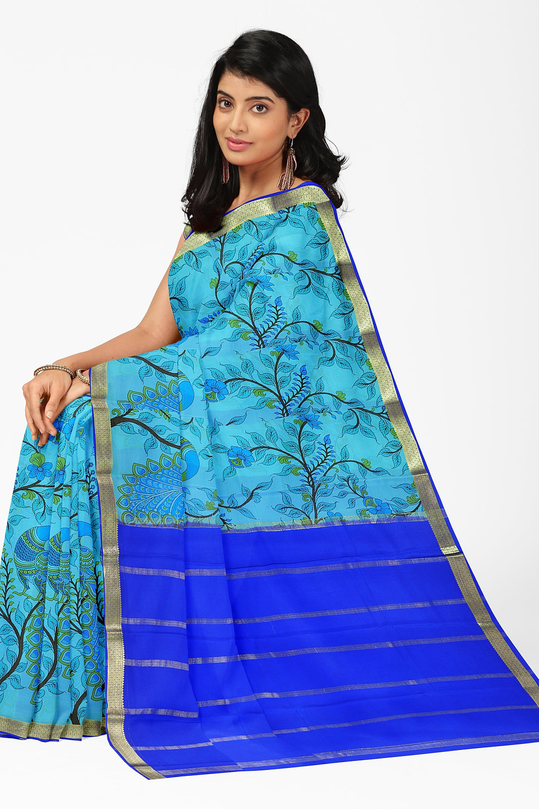 Blue Kalamkari Print Pure Mysore Crepe Silk Saree | SILK MARK CERTIFIED