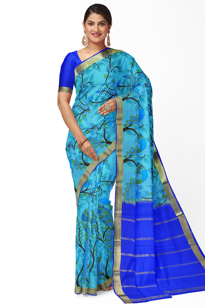 Blue Kalamkari Print Pure Mysore Crepe Silk Saree | SILK MARK CERTIFIED