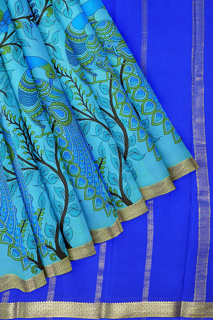 Blue Kalamkari Print Pure Mysore Crepe Silk Saree | SILK MARK CERTIFIED