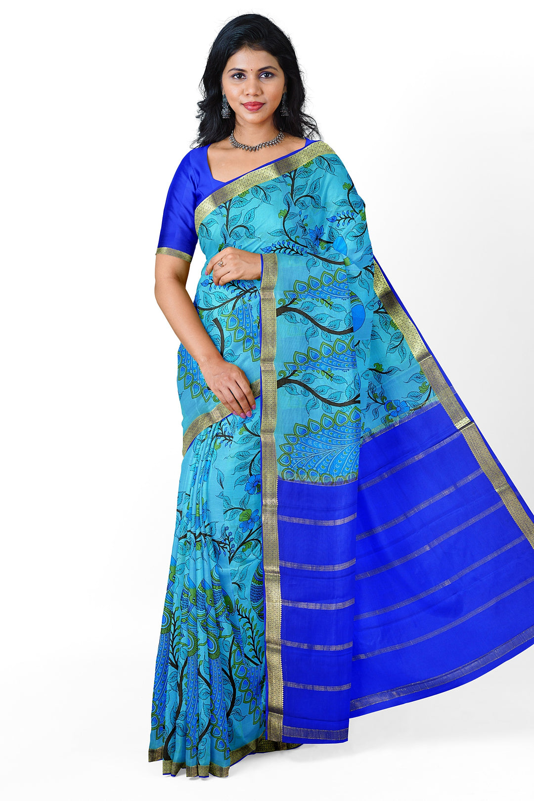 Blue Kalamkari Print Pure Mysore Crepe Silk Saree | SILK MARK CERTIFIED