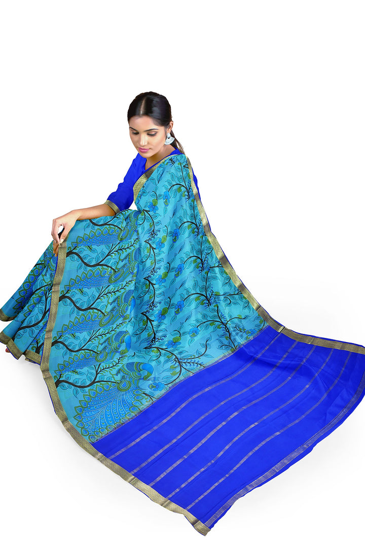 Blue Kalamkari Print Pure Mysore Crepe Silk Saree | SILK MARK CERTIFIED