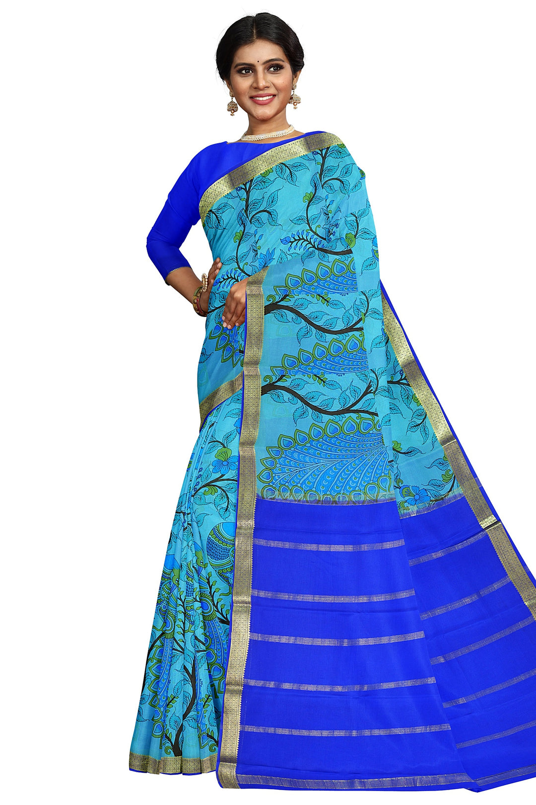 Blue Kalamkari Print Pure Mysore Crepe Silk Saree | SILK MARK CERTIFIED