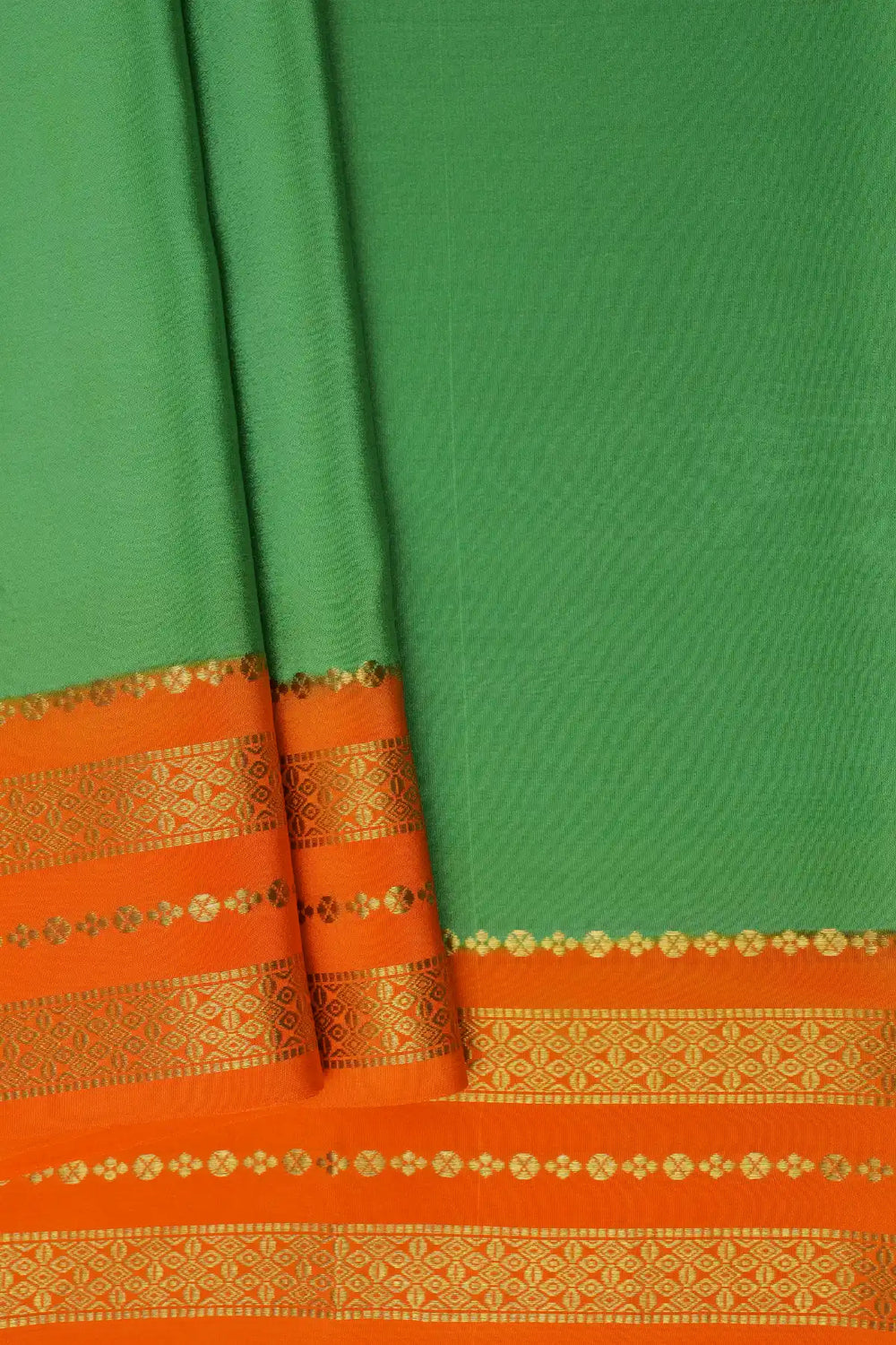 Bottle green Mysore saree with orange gold border