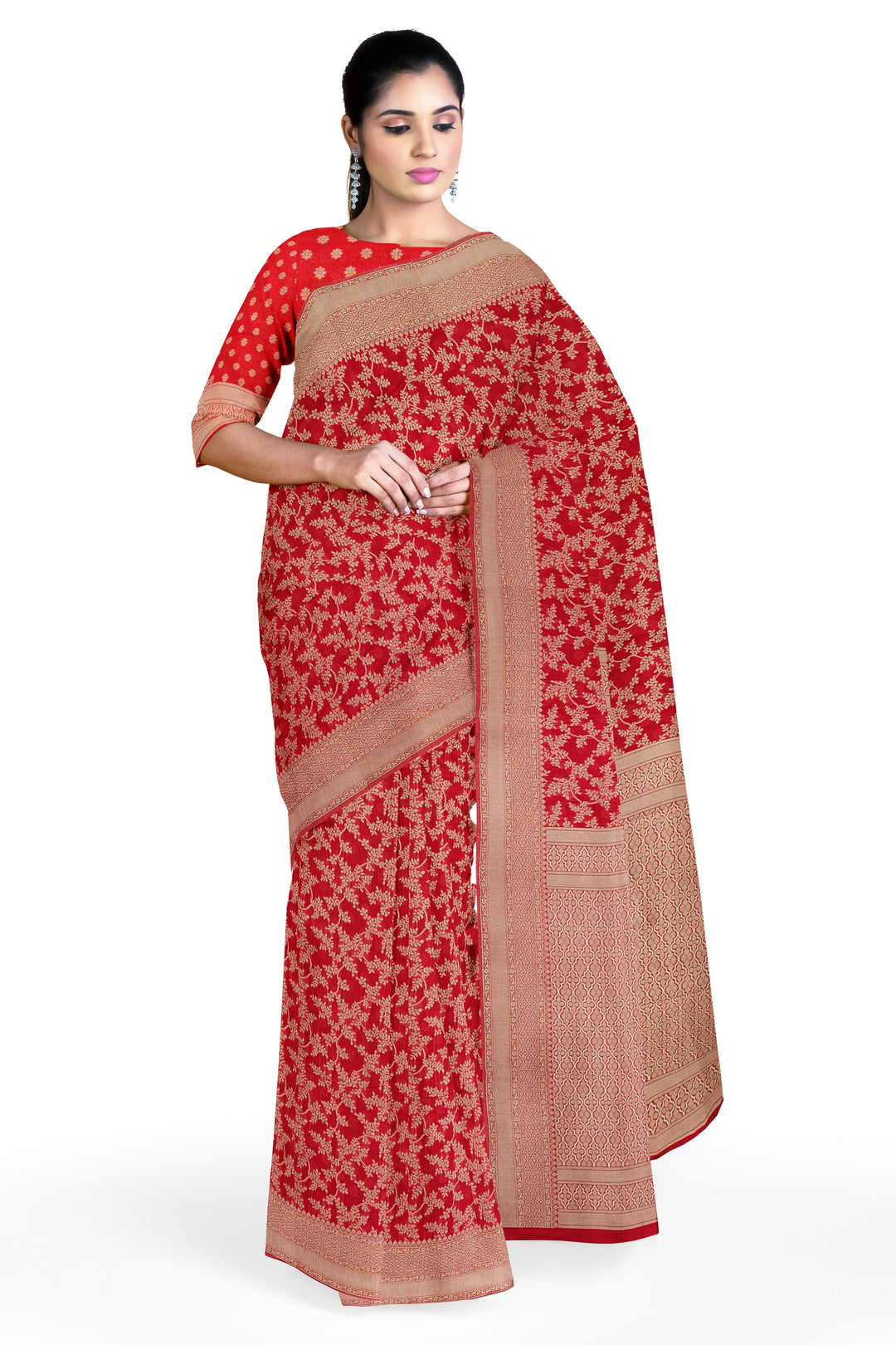 RED COLOUR BLENDED COTTON SADA BANARASI HANDLOOM SAREE - ATHARVA