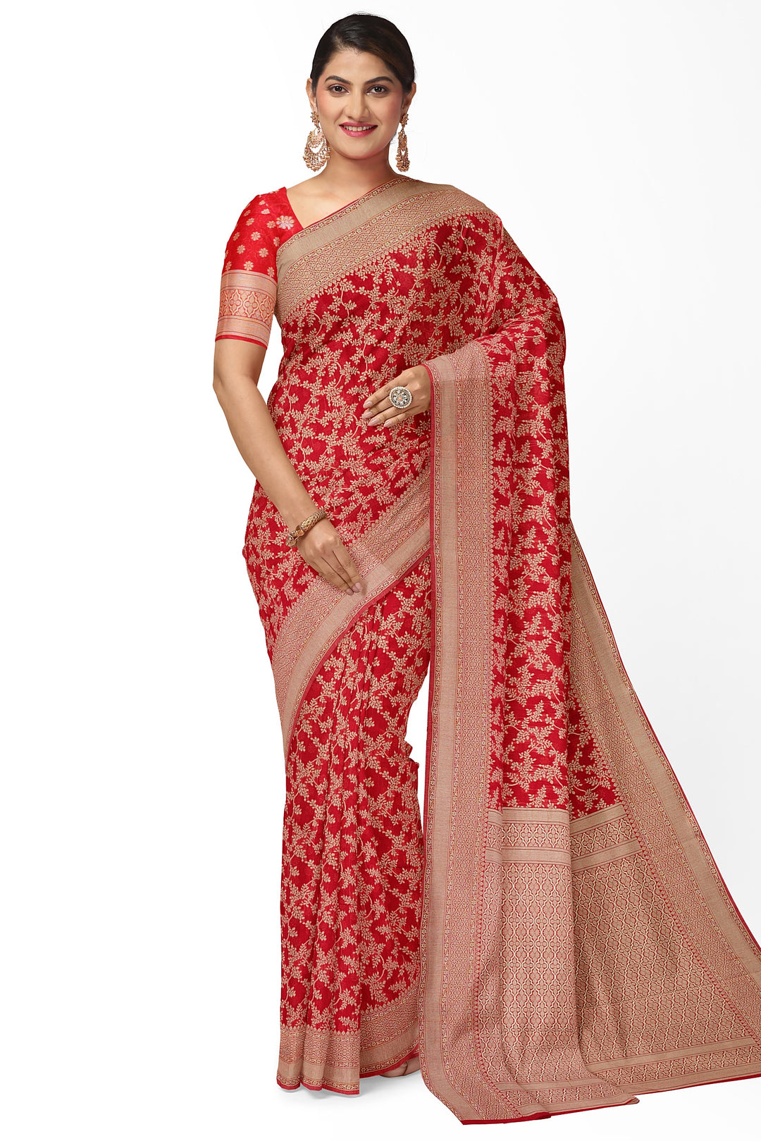 RED COLOUR BLENDED COTTON SADA BANARASI HANDLOOM SAREE - ATHARVA