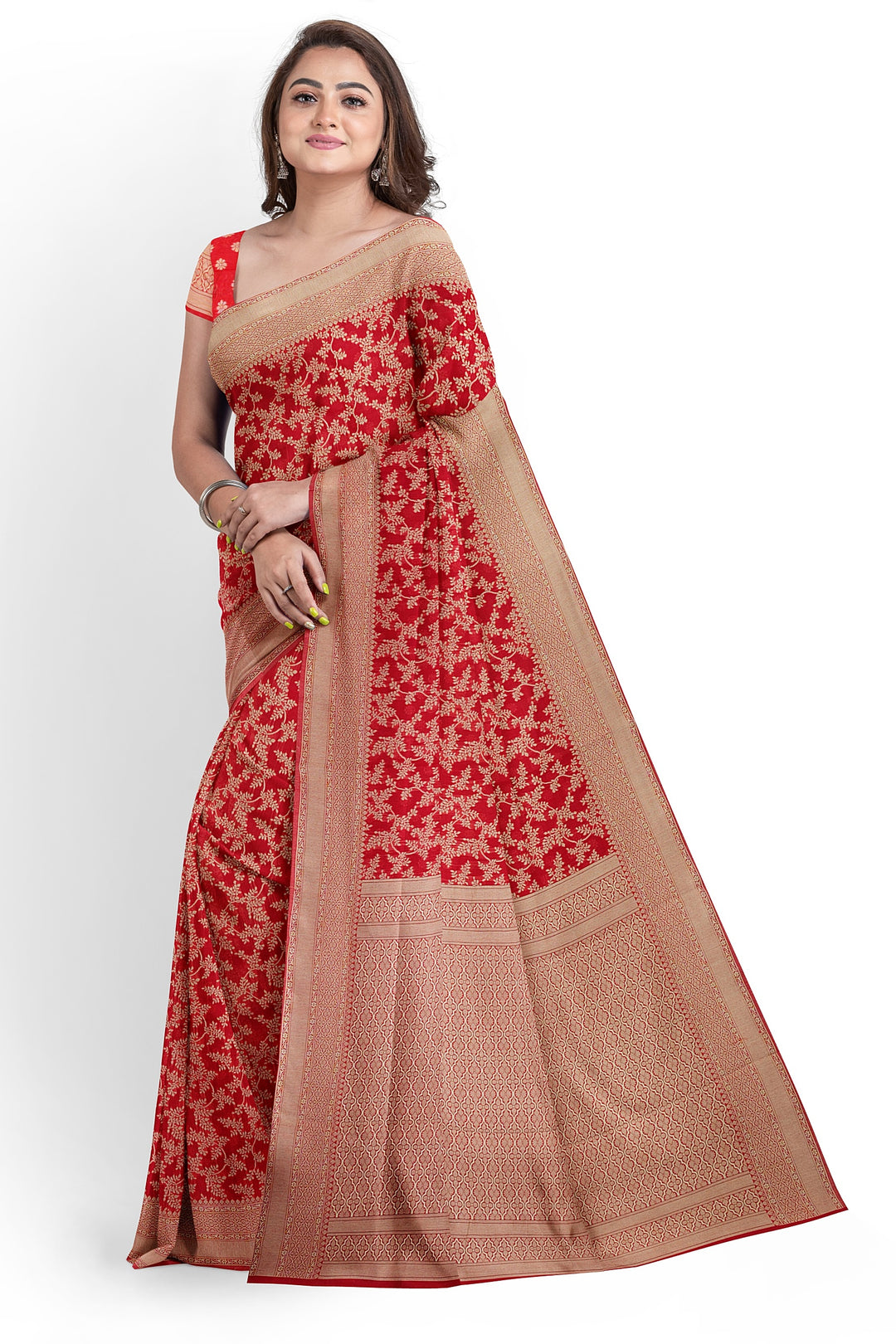 RED COLOUR BLENDED COTTON SADA BANARASI HANDLOOM SAREE