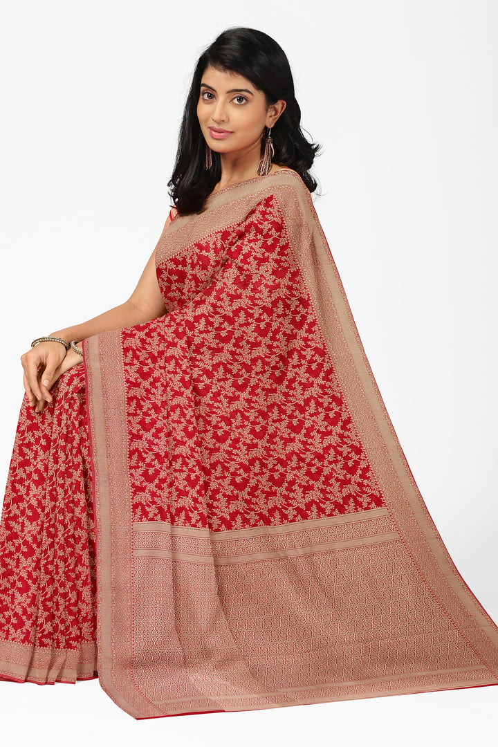 RED COLOUR BLENDED COTTON SADA BANARASI HANDLOOM SAREE - ATHARVA