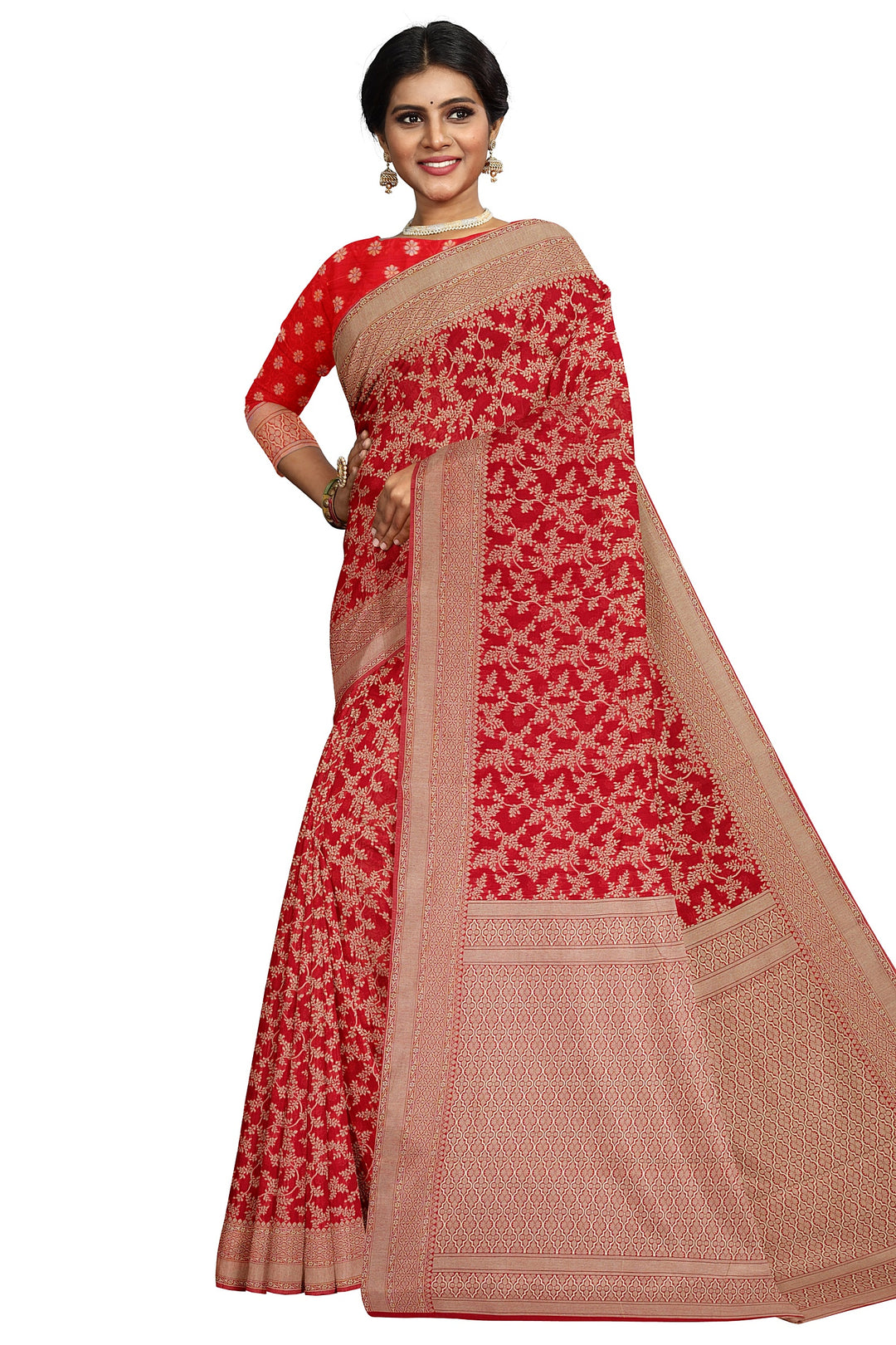 RED COLOUR BLENDED COTTON SADA BANARASI HANDLOOM SAREE