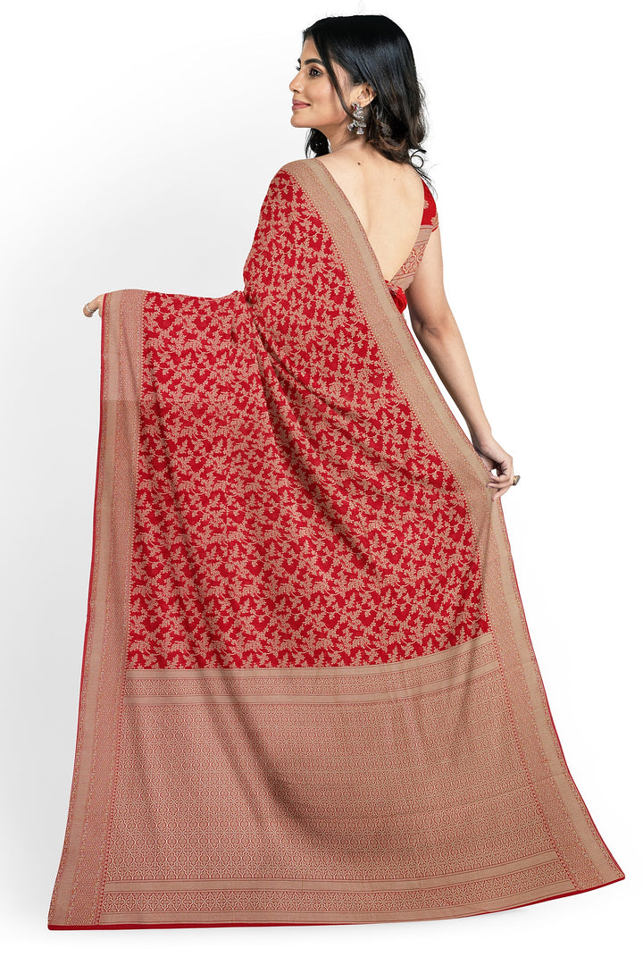 RED COLOUR BLENDED COTTON SADA BANARASI HANDLOOM SAREE - ATHARVA