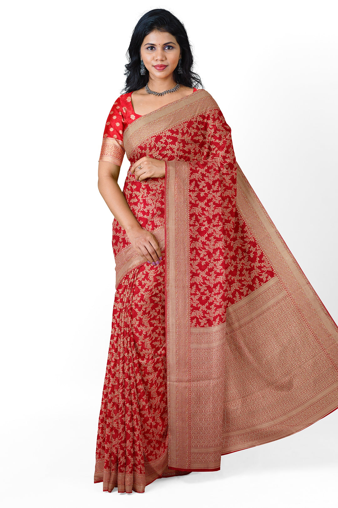 RED COLOUR BLENDED COTTON SADA BANARASI HANDLOOM SAREE