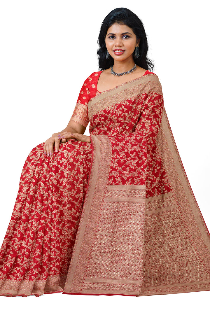 RED COLOUR BLENDED COTTON SADA BANARASI HANDLOOM SAREE