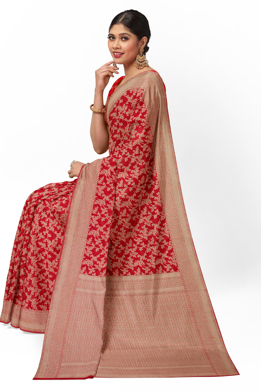 RED COLOUR BLENDED COTTON SADA BANARASI HANDLOOM SAREE