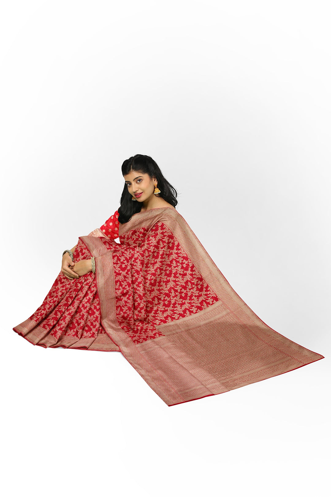 RED COLOUR BLENDED COTTON SADA BANARASI HANDLOOM SAREE