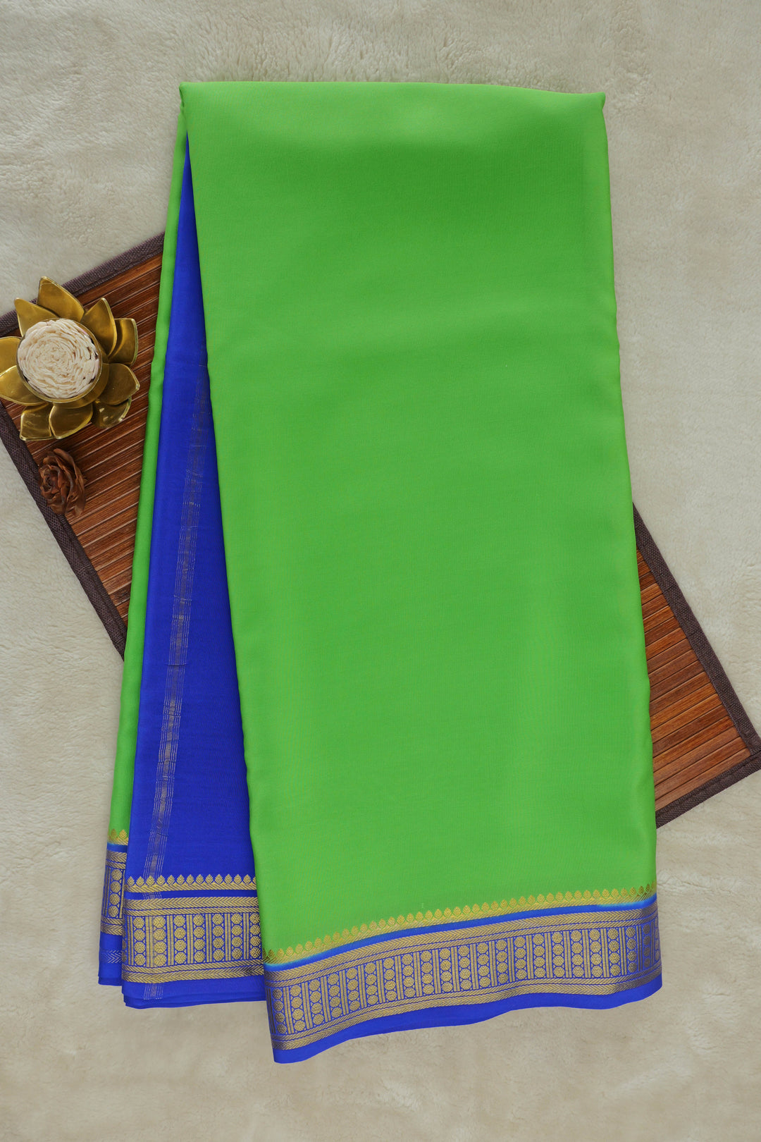 Bright Green Mysore Silk Saree with Royal Blue Border,