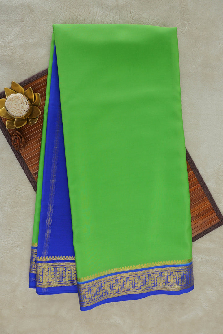 Bright Green Mysore Silk Saree with Royal Blue Border,