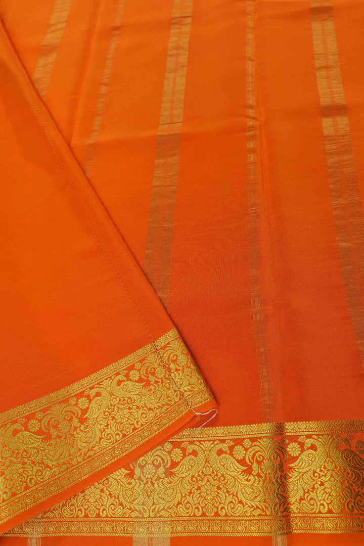 Bright Orange Mysore Silk Saree with Golden Border and pallu