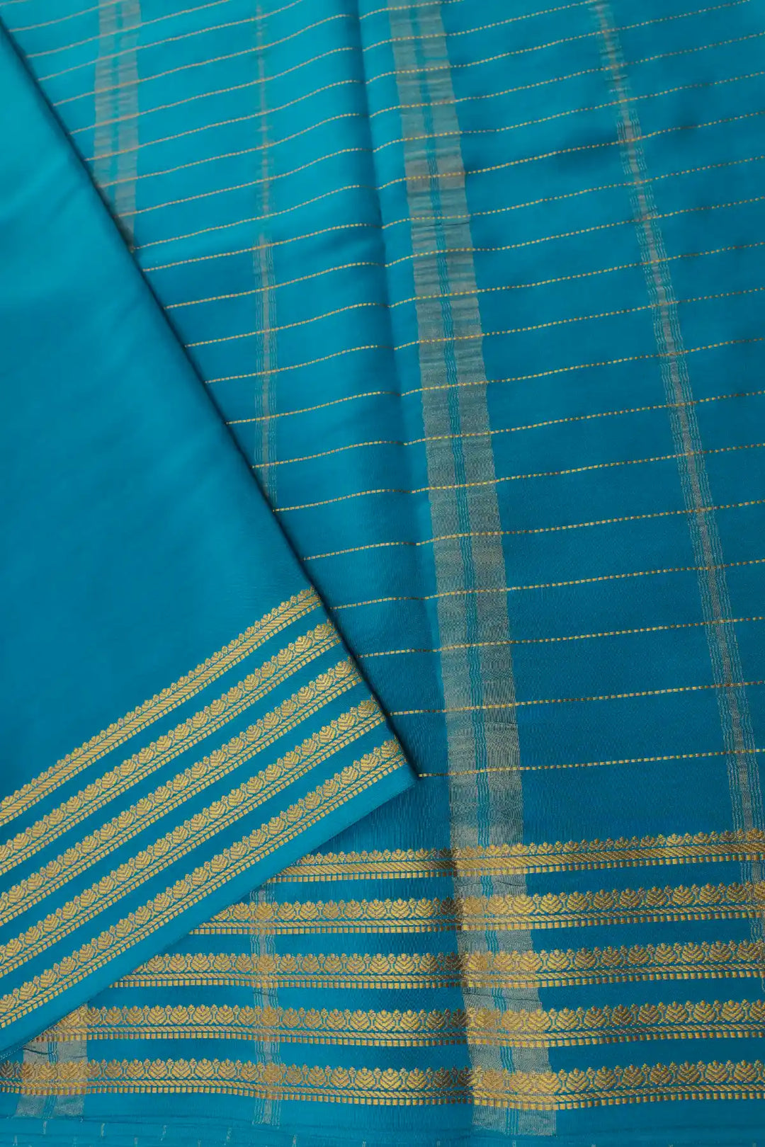 Bright Yellow Mysore Silk Saree Blue Gold Striped Border