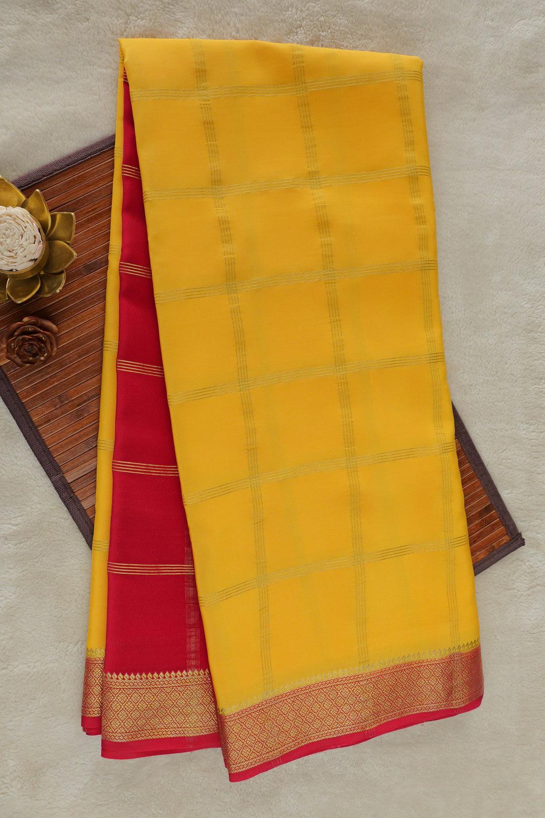 Bright Yellow Mysore Silk Saree with Red Border and Gold Zari