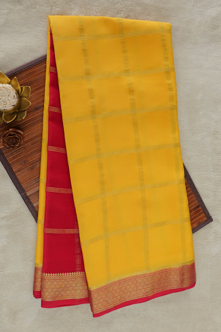 Bright Yellow Mysore Silk Saree with Red Border and Gold Zari